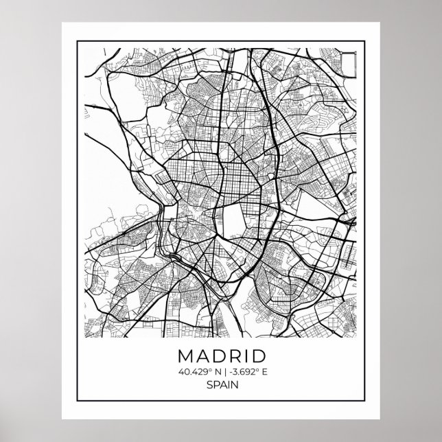 Madrid White Map Poster - Madrid Wall Art Decor (Front)