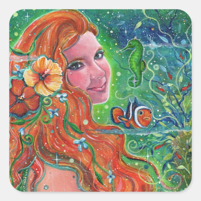 Maev Mermaid clownfish art by Renee Lavoie   Square Sticker (Front)