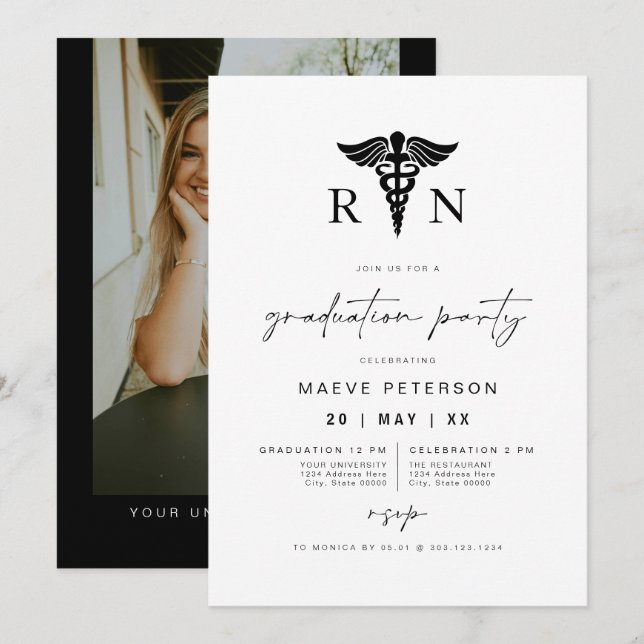 MAEVE Black and White Medical RN Nurse Graduation Invitation (Front/Back)