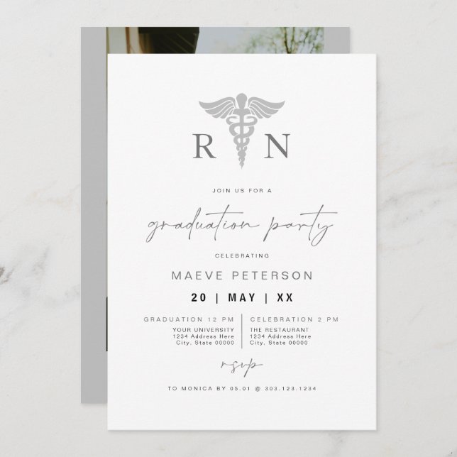 MAEVE Silver Grey Medical RN Nurse Graduation Invitation (Front/Back)