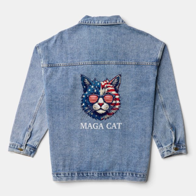 MAGA Cat President Trump American Flag Patriotic Denim Jacket (Back)