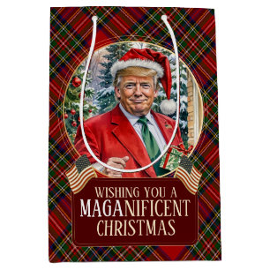 MAGA Christmas Tartan Plaid Santa Trump Medium Gift Bag