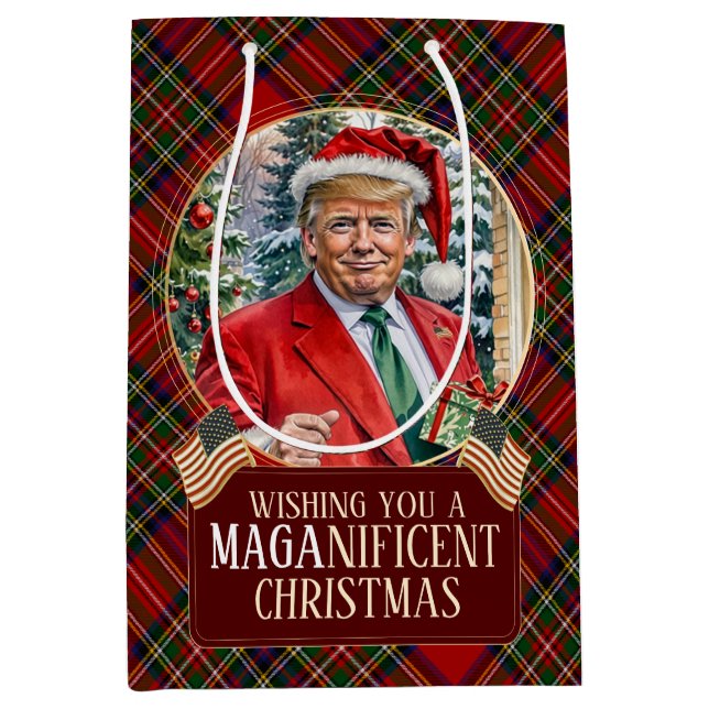 MAGA Christmas Tartan Plaid Santa Trump Medium Gift Bag (Front)