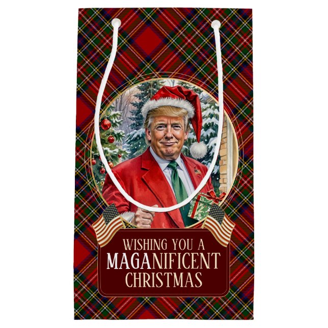 MAGA Christmas Tartan Plaid Santa Trump Small Gift Bag (Front)