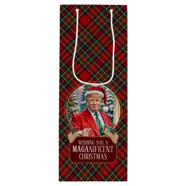 MAGA Christmas Tartan Plaid Santa Trump Wine Gift Bag (Front)