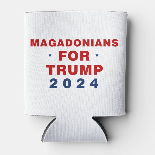 Magadonians For Trump 2024 Red Blue Can Cooler (Front)