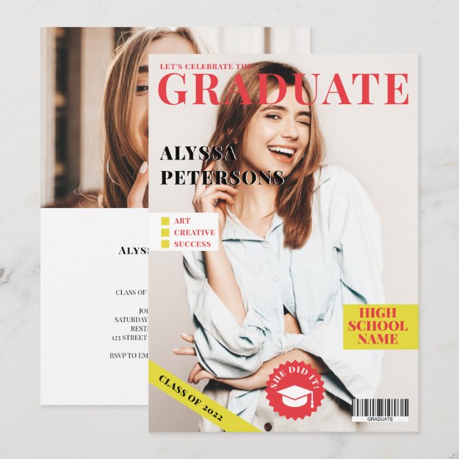 Magazine cover 2 photos red trendy graduation announcement (Front/Back)
