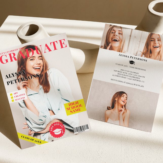 Magazine cover 4 photos cool trendy graduation announcement (Creator Uploaded)