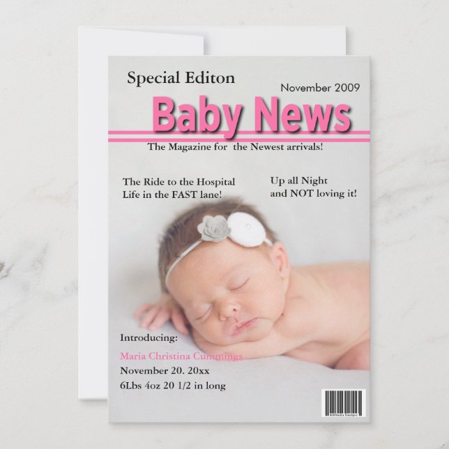 Magazine Cover Birth Announcement (Pink) (Front)