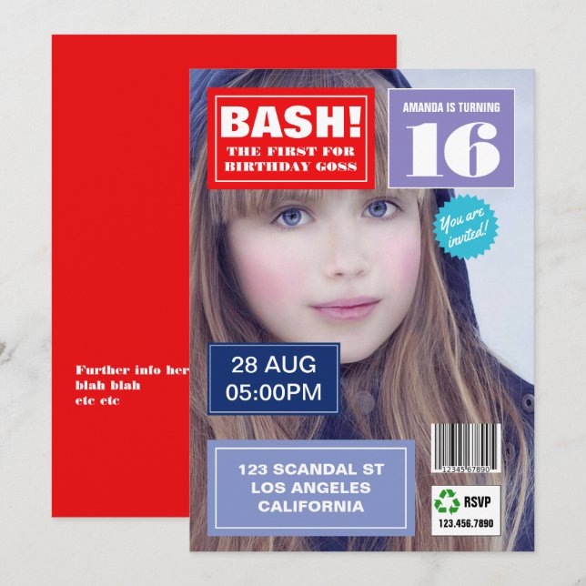 Magazine Cover Birthday Party photo invitation (Front/Back)