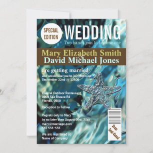 Magazine cover blue beach wedding starfish invitation
