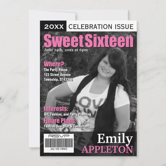 Magazine Cover Fuchsia Sweet Sixteen Invitations (Front)