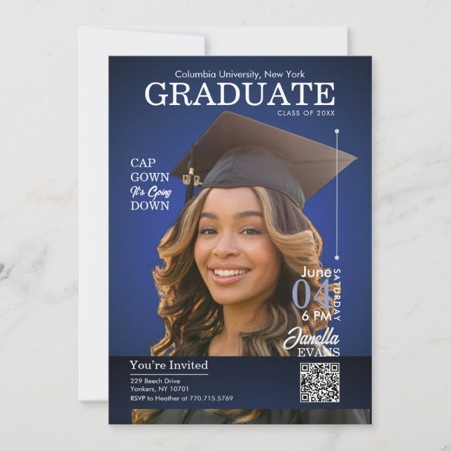 Magazine Cover Graduation Cap Down Blue Invitation (Front)