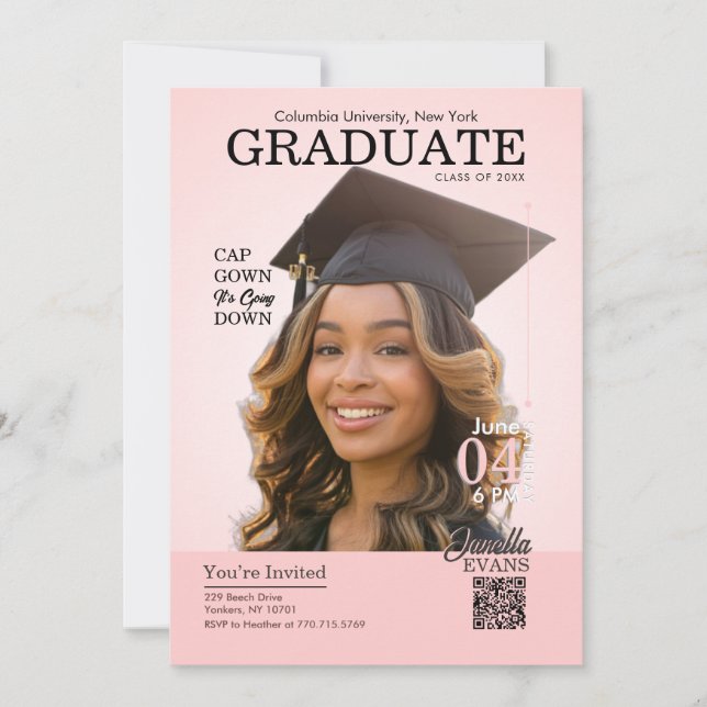 Magazine Cover Graduation Cap Gown Pink Invitation (Front)
