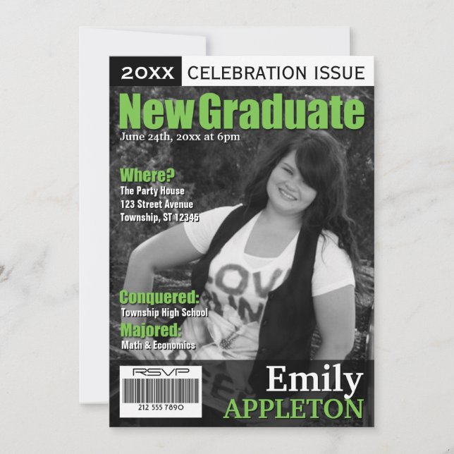 Magazine Cover Green Graduation Invitations (Front)