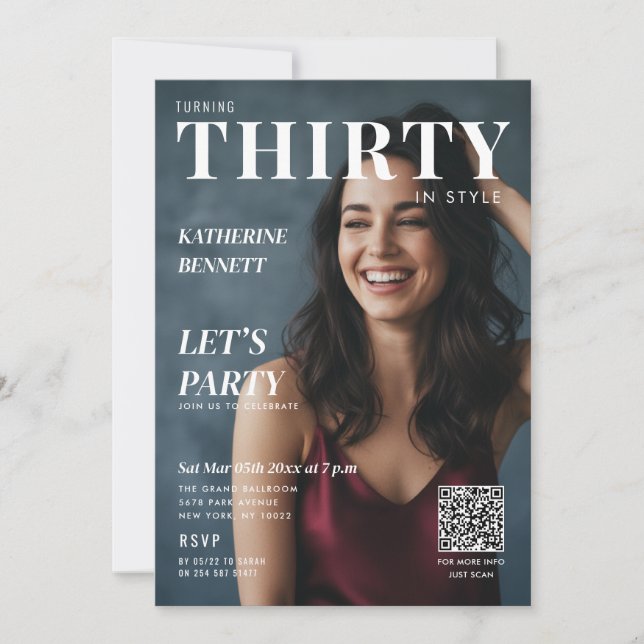 Magazine Cover Photo 30th Birthday Party QR Code Invitation (Front)