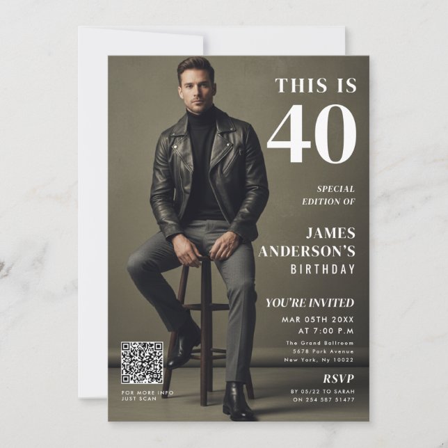 Magazine Cover Photo Mens 40th Birthday QR Code Invitation (Front)