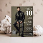 Magazine Cover Photo Mens 40th Birthday QR Code Invitation<br><div class="desc">Inspired by a sleek magazine cover photo birthday rsvp style, this design brings a bold modern look to 40th birthday bday invitations. The portrait layout is perfect for mens 40th party celebration invite cards or surprise 40th birthday party invitations with a polished feel. A QR code adds a fun touch...</div>