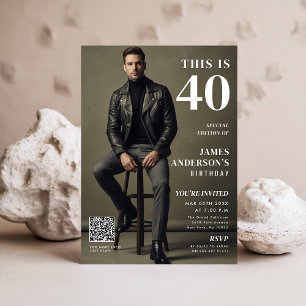 Magazine Cover Photo Mens 40th Birthday QR Code Invitation