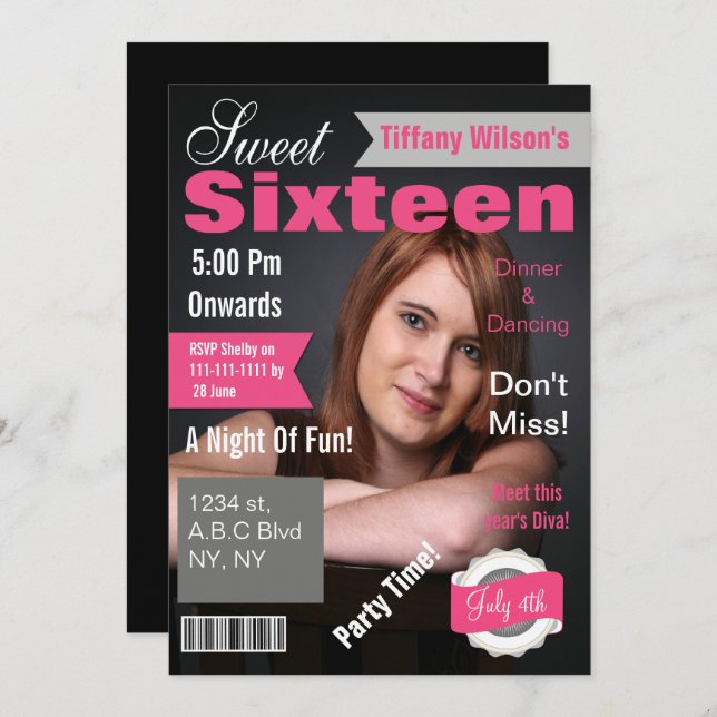 Magazine Cover Photo Sweet Sixteen Invitation (Front/Back)