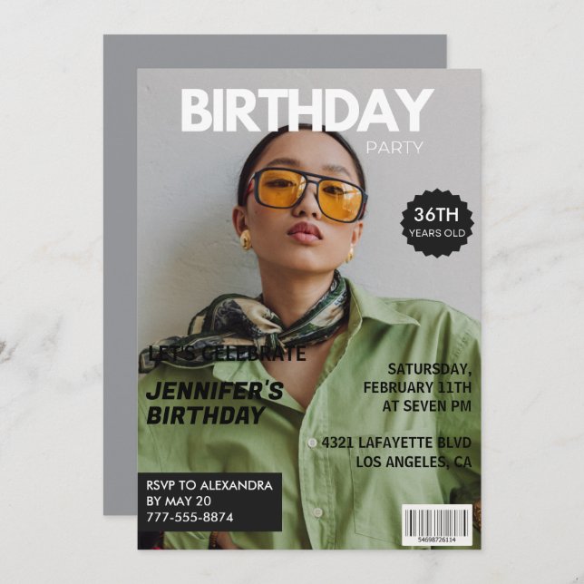 Magazine Cover Stylish for her Photo 36th birthday Invitation (Front/Back)