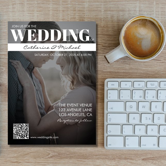 Magazine Cover Trendy Dark Photo QR Code Wedding Invitation (Creator Uploaded)