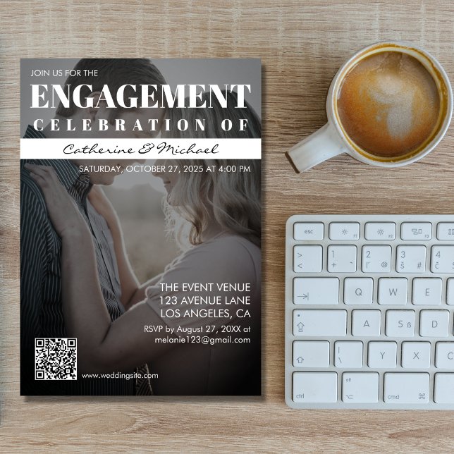 Magazine Cover Trendy Dark Photo QRCode Engagement Invitation (Creator Uploaded)
