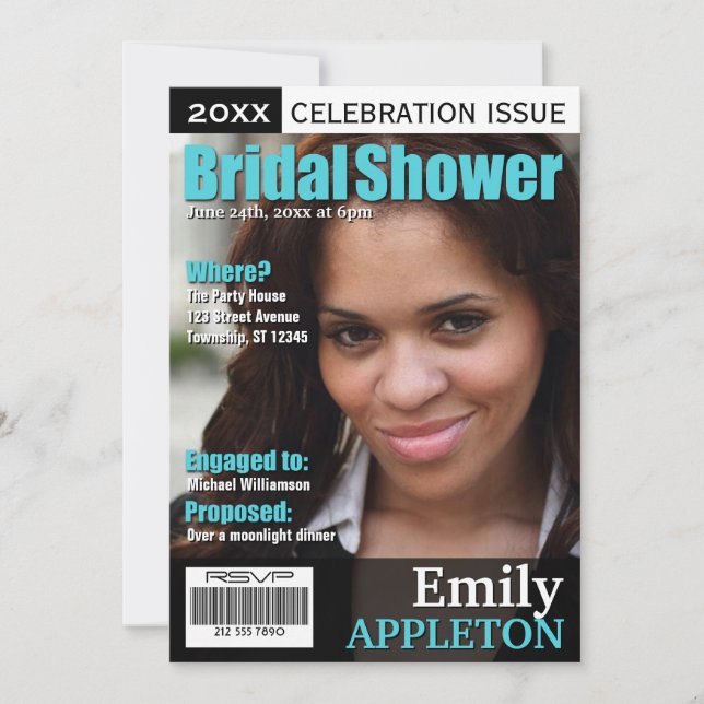 Magazine Cover Turquoise Bridal Shower Invitations (Front)