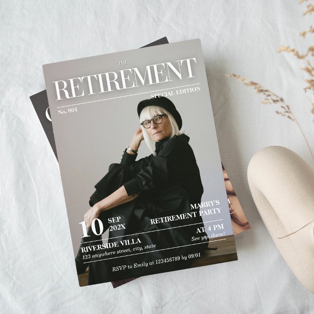 Magazine Editorial Newspaper Retirement Photo Invitation (Retirement Magazine Cover Invitation)