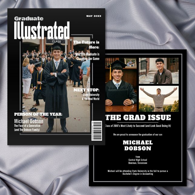 Magazine Four Photo Black Graduation Announcement (Magazine Four Photo Black Graduation Announcement)