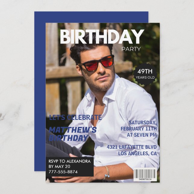 Magazine Navy blue Photo Funny 49th birthday Invitation (Front/Back)