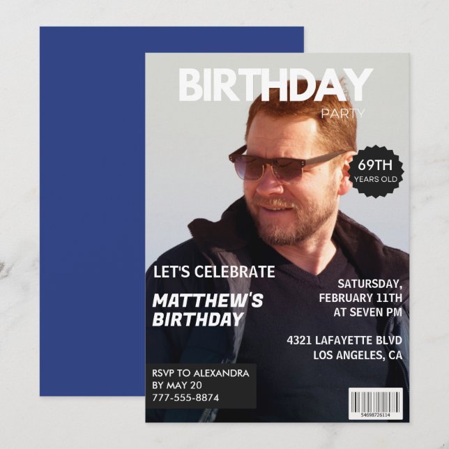 Magazine Navy blue Photo Funny 69th birthday Invitation (Front/Back)