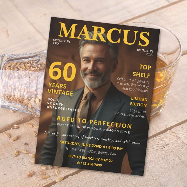 Magazine Style 60th Birthday Photo Whiskey Theme Invitation (Creator Uploaded)