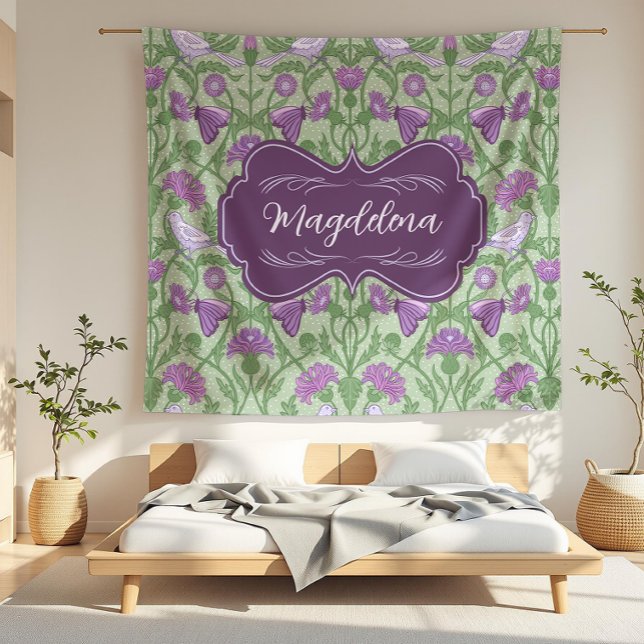 Magdalena Thistle and Birds Art Nouveau Floral Fleece Blanket (detail)