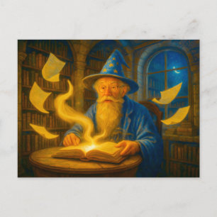 Mage reading spellbook in oil painting holiday postcard