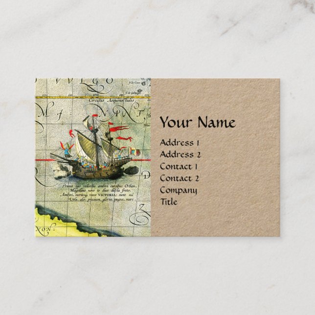Magellans ship Victoria, Antique Map Pacific Ocean Business Card (Front)