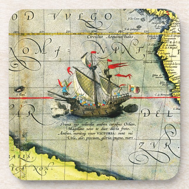 Magellans ship Victoria, Antique Map Pacific Ocean Coaster (Front)