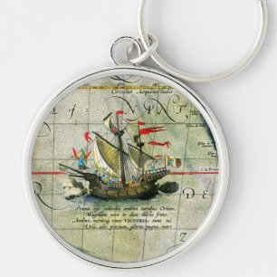 Magellans ship Victoria, Antique Map Pacific Ocean Key Ring