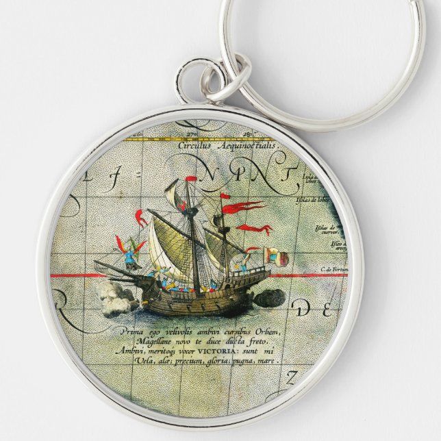 Magellans ship Victoria, Antique Map Pacific Ocean Key Ring (Front)
