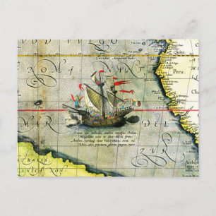 Magellans ship Victoria, Antique Map Pacific Ocean Postcard