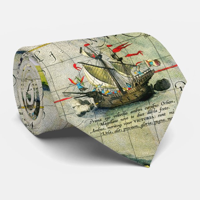 Magellans ship Victoria, Antique Map Pacific Ocean Tie (Rolled)