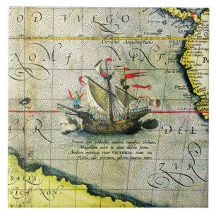 Magellans ship Victoria, Antique Map Pacific Ocean Tile