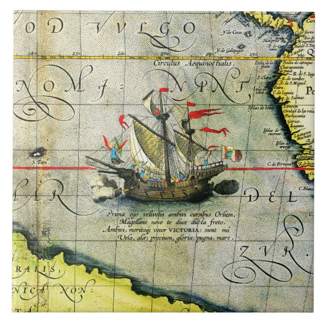 Magellans ship Victoria, Antique Map Pacific Ocean Tile (Front)