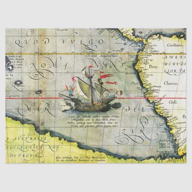 Magellans ship Victoria, Antique Map Pacific Ocean Tissue Paper (Front)