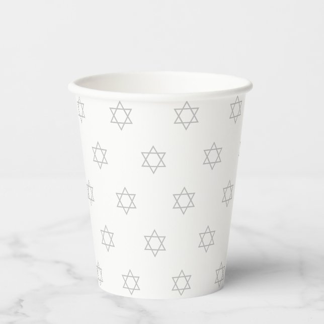 Magen David grey white modern pattern Hanukkah Paper Cups (Front)