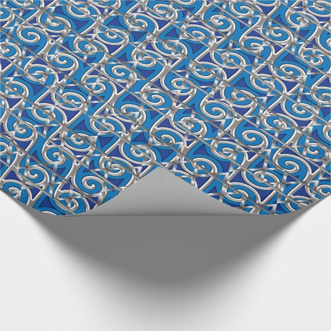Magen David Swirl Blue and Silver Mosaic Wrapping Paper (Corner)