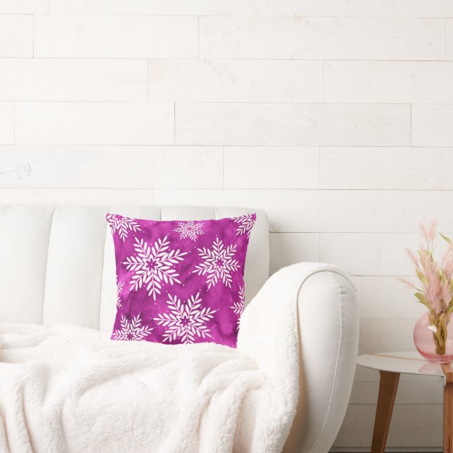 Magenta Abstract Watercolor Snowflakes Cushion (Couch)