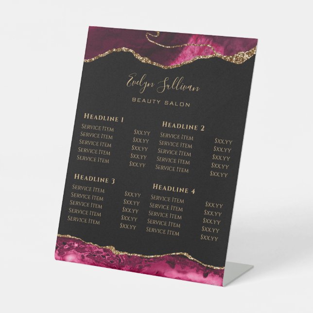 Magenta Agate Beauty Salon Price List Pedestal Sign (Front)