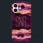 Magenta Agate Geode Monogram Name Gold Glitter iPhone 16 Case<br><div class="desc">Elegant, stylish personalized cell phone case featuring magenta agate, geode and marble with faux gold glitter with a monogram, initials or name shown in an editable modern font style in gold. OPTIONS: The sample is shown on an iPhone 14 Barely There case style--other phone models and case styles are available...</div>