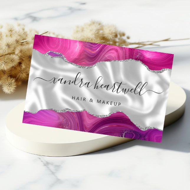 Magenta Agate Silver Glitter Luxury Business Card (Creator Uploaded)